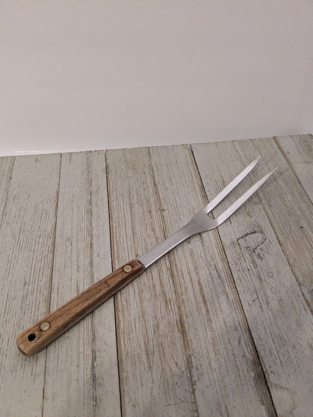 Vintage Meat Fork 11" Wood Handle #2 Stainless Steel Japan